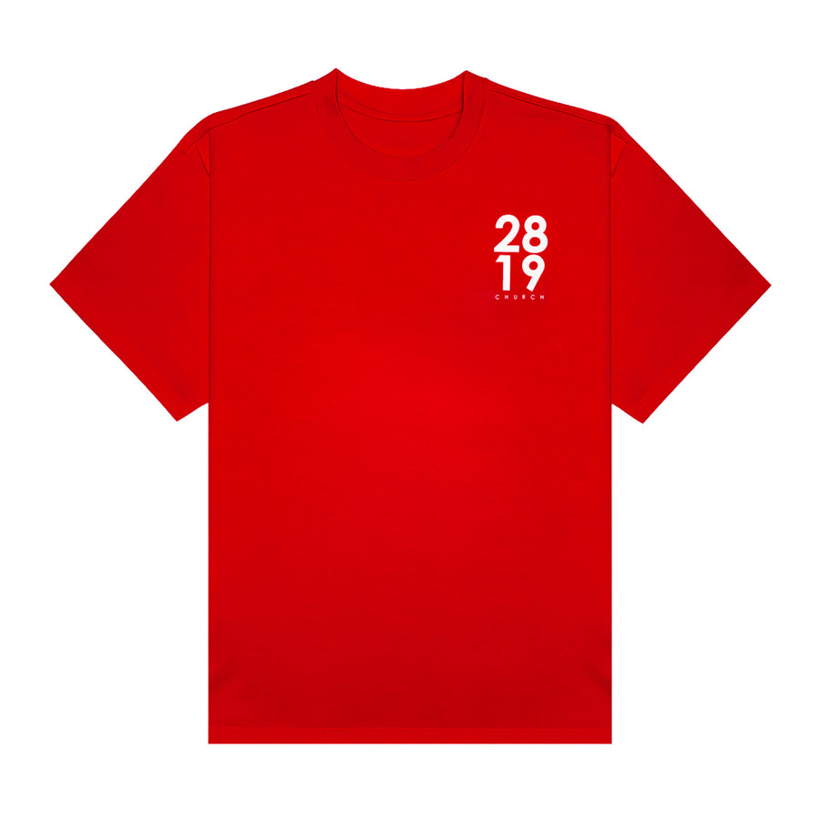 2819 Classic red tee with the 2819 Church logo over the heart