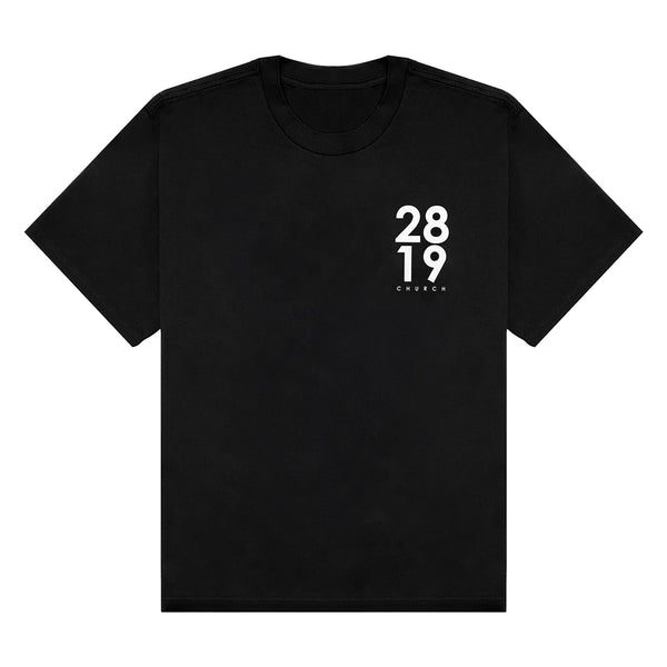 2819 Classic Black Tee with the white 2819 Church logo over the heart