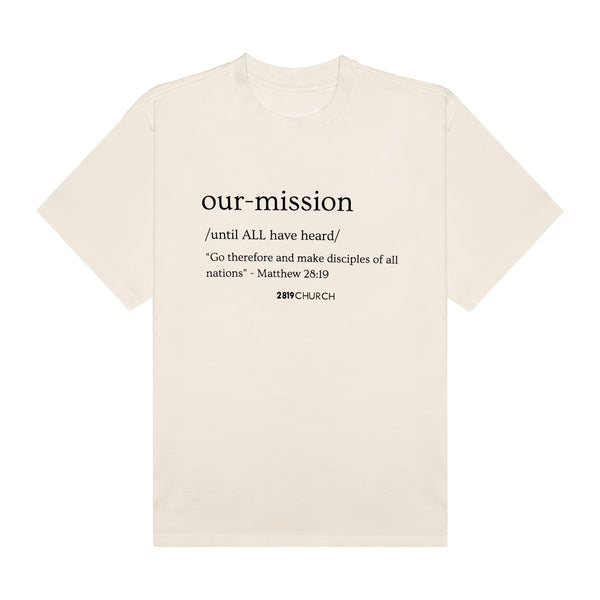 Our Mission cream tee with a lived-in feel