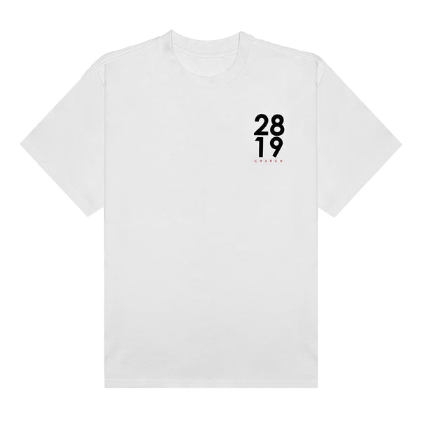 2819 Classic white tee with the 2819 Church logo over the heart