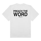 Preach The Word white tee with a bold Scripture graphic on the back