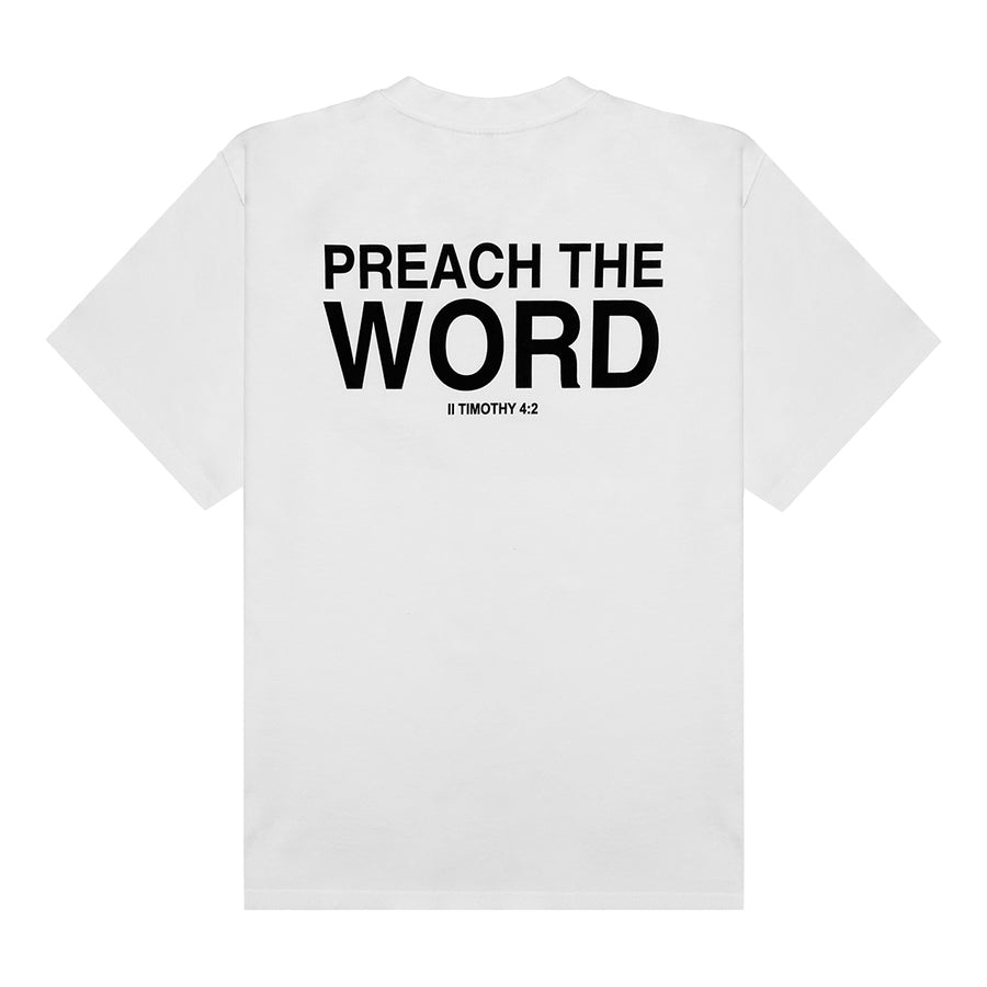 Preach The Word white tee with a bold Scripture graphic on the back