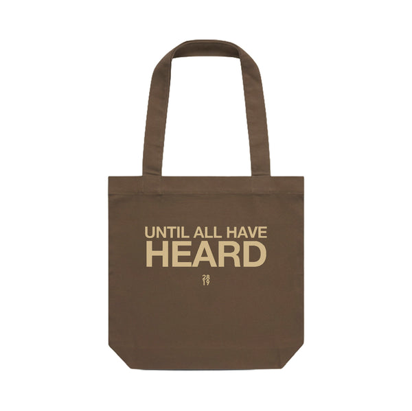 Until All Have Heard walnut canvas tote bag
