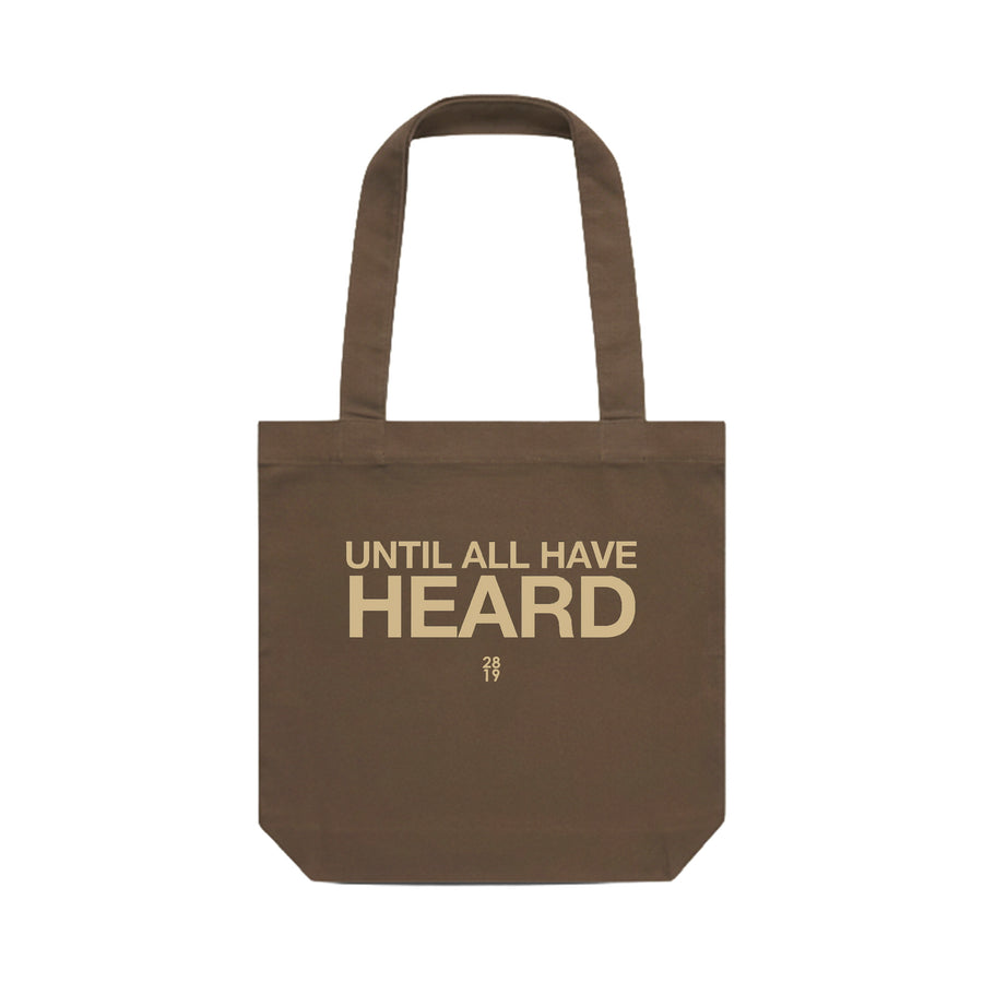 Until All Have Heard walnut canvas tote bag