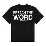Preach The Word black tee with a bold Scripture graphic on the back