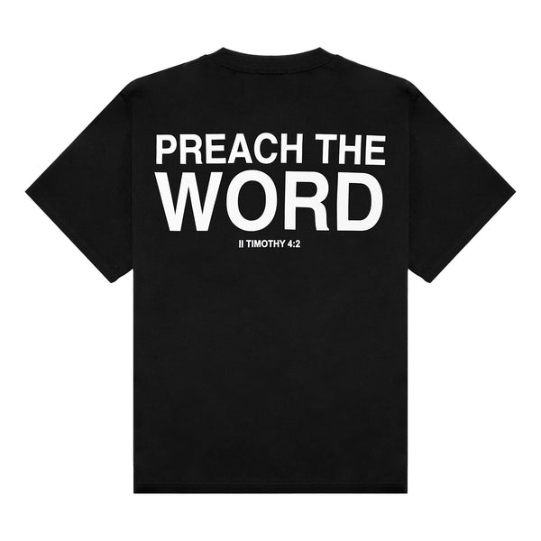 Preach The Word black tee with a bold Scripture graphic on the back