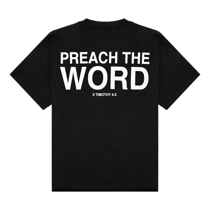 Preach The Word black tee with a bold Scripture graphic on the back