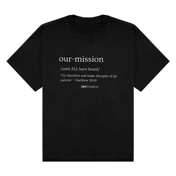 Our Mission black tee with a lived-in feel