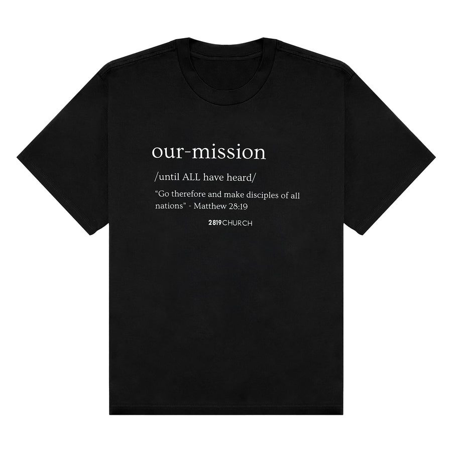 Our Mission black tee with a lived-in feel