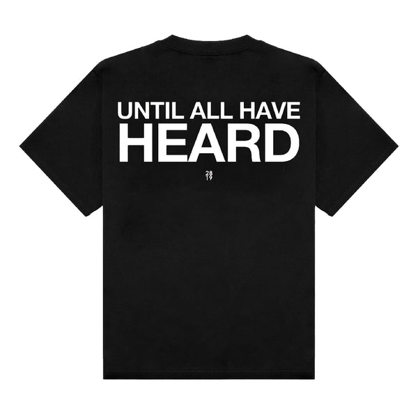 Until All Have Heard black tee with a mission graphic on the back